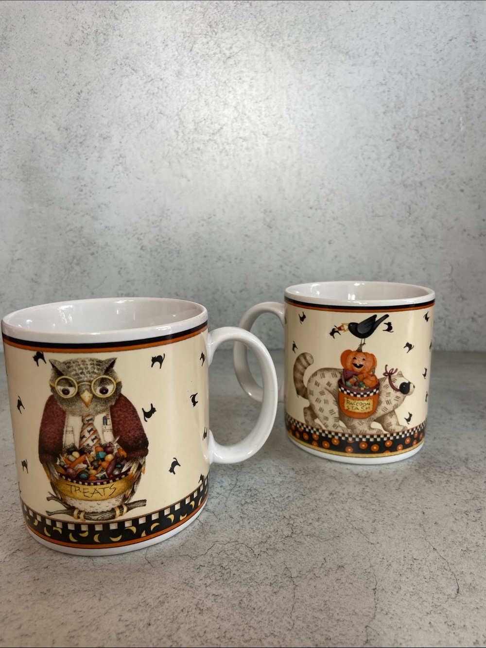 Debbie Mumm Sakura Halloween Owl Mugs Set of 2 Vintage 2000 Pumpkin Cats